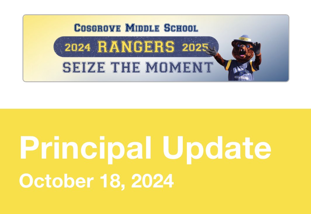 🐻💛 Ranger families: Please check your inbox/Parent Square for the latest update from Mr. Centola including details on upcoming letter day rotation/important dates, Red Ribbon Week, 6th Grade Career Day, 5 week grades in Infinite Campus backpack, and more. 💙🐻