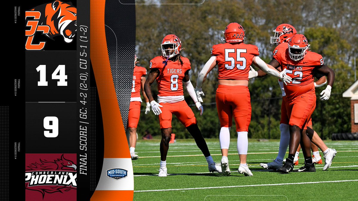 GCAthletics's tweet image. It's all over in Lebanon. The Tigers' D slams the door shut on a 14-9 win over Cumberland. Georgetown improves to 4-2 overall, and with Campbellsville's loss, the Tigers are the only remaining unbeaten in the Mid-South! #TigerPride