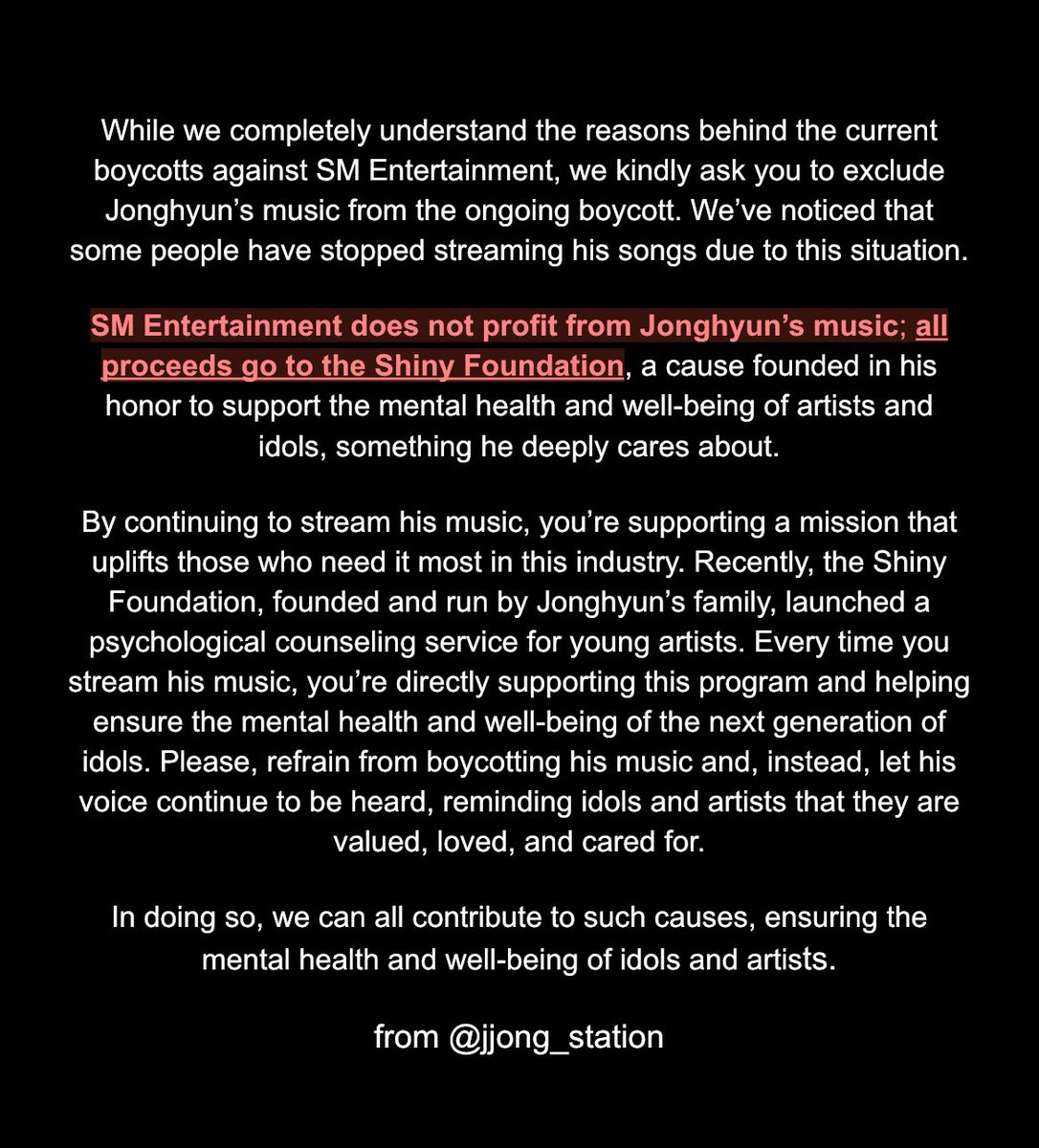 jjong_station's tweet photo. [📢]Amid the ongoing boycotts against SM Entertainment, we kindly request that you leave #JONGHYUN’s music out, as he is no longer associated with SM Entertainment.❌

#SHINee #StreamForJonghyun #ShinyFoundation https://t.co/zQplXed1LQ