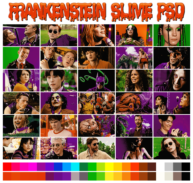 FRANKENSTEIN SLIME  ➠   a halloween themed coloring psd by #pinkinnards  🎃  with shades of dark purples and bright greens,   NOT POC FRIENDLY.   available on  GUMROAD  (pinkinnards.gumroad.com/l/frankenstein…)  &amp;  DEVIANTART  (deviantart.com/pinkinnards/ar…)