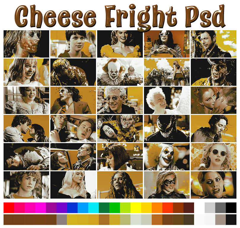 CHEESE FRIGHT  ➠   a halloween themed coloring psd by #pinkinnards  🧀  with shades of yellows and browns,   NOT POC FRIENDLY.   available on  GUMROAD  (pinkinnards.gumroad.com/l/cheesefright)  &amp;  DEVIANTART  (deviantart.com/pinkinnards/ar…)