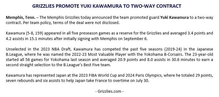 The <a href="/memgrizz/">Memphis Grizzlies</a> today announced the team promoted Yuki Kawamura to a two-way contract.