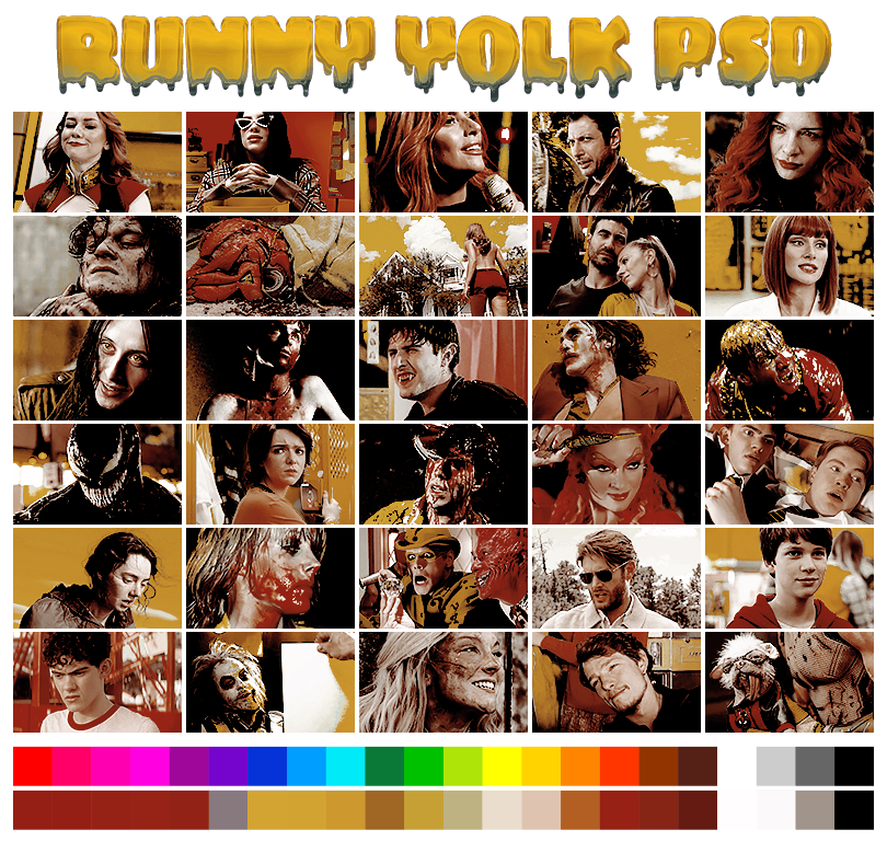 RUNNY YOLK  ➠   a halloween themed coloring psd by #pinkinnards 🍳  with shades of reds and yellow,   NOT POC FRIENDLY.   available on  GUMROAD  (pinkinnards.gumroad.com/l/runnyyolk)  &amp;  DEVIANTART  (deviantart.com/pinkinnards/ar…)
