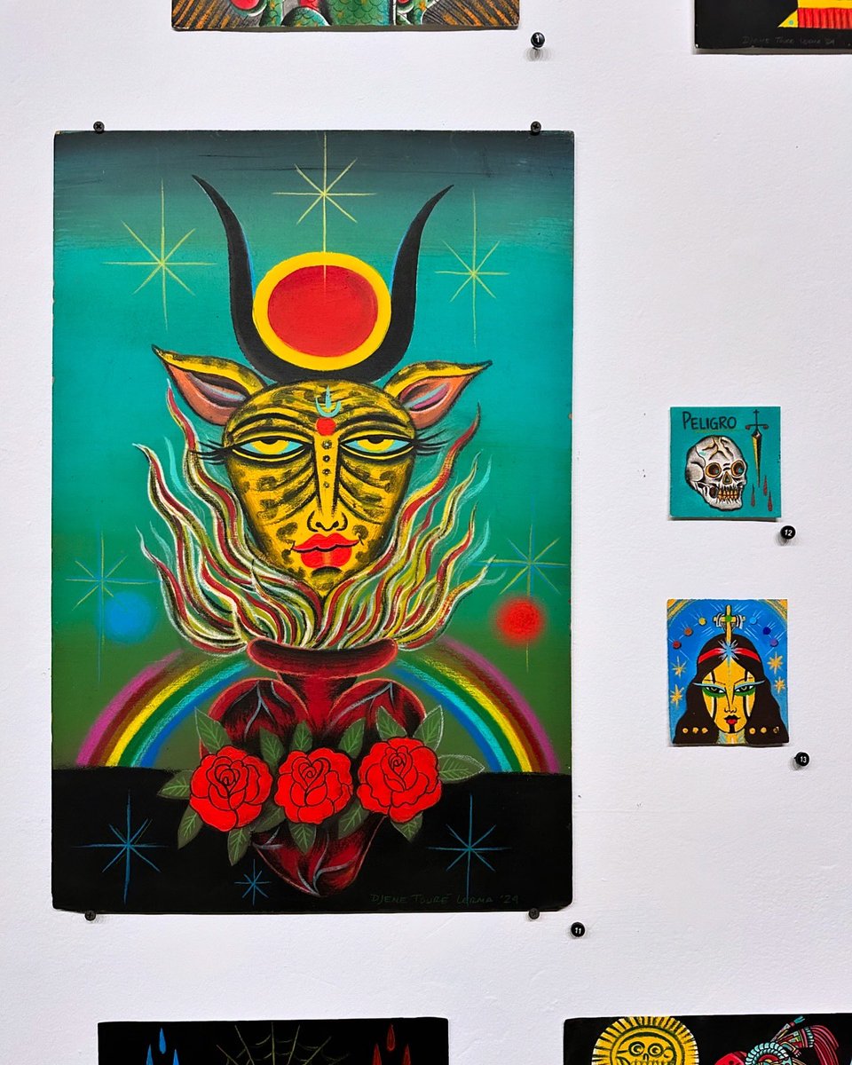 It’s a beautiful day to check out “Trimurti – A Love Supreme” today here <a href="/AnnoDomini/">AnnoDomini</a>. This three person group show features tattooers Kirk Wilken (image #1), Salty Walt McDonald (image #2) and Djene Toure Lerma (image #3). 

Open today til 5pm or online
galleryAD.com