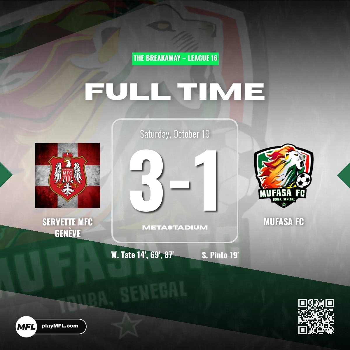 Mufasa_FC's tweet photo. LEAGUE GAME 10 - We suffer a 3-1 defeat on the road against Servette MFC Genève. Sidney Pinto with our only goal of the game! 🇸🇳 #playMFL https://t.co/LHncC3rbxl