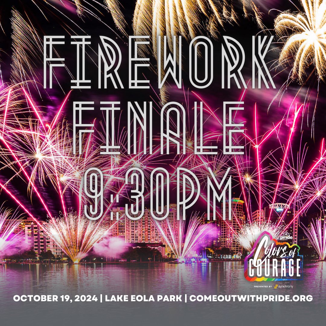 OrlandoPride's tweet photo. 🎇✨ Ready to close out Pride in style? 🥰

Join us at the end of the night for our unforgettable Firework Finale at 9:30 PM! 🥳 

Fireworks can be seem from all around Lake Eola Park. 🦢

Gather your friends and let’s make this a night to remember! See you there! 🎉🏳️‍🌈🏳️‍⚧️ https://t.co/PggUSAdLg6