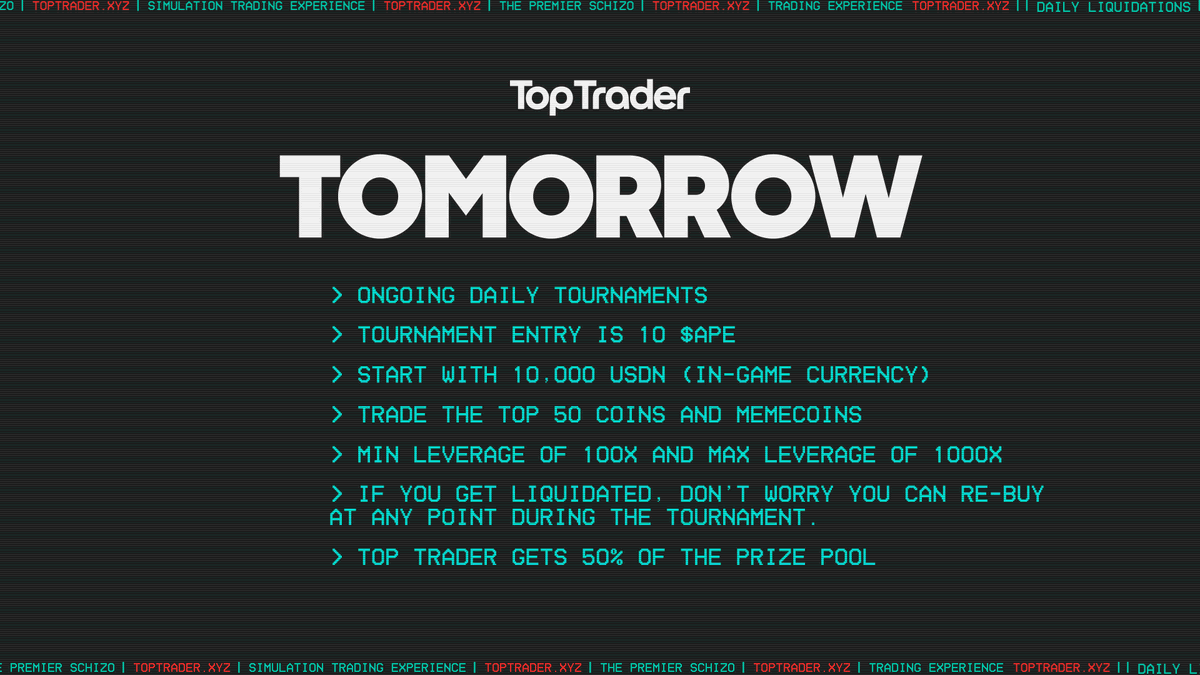 Top Trader will launch tomorrow at 3PM ET.

Top Trader is a competitive trading simulation game with daily tournaments starting at 3PM ET and ending the next day at 12PM ET.