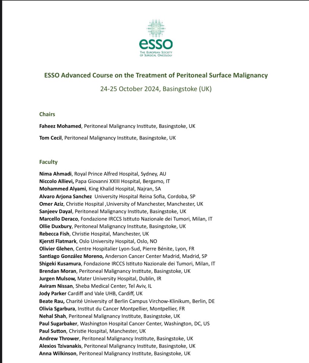 Alvaro Arjona (@alarjosan) on Twitter photo Proud to be in this expertise pannel for the next course by <a href="/ESSOnews/">European Society of Surgical Oncology (ESSO)</a> organizing by <a href="/FaheezM/">Faheez Mohamed</a> in Basingtoke about management in peritoneal diseases. <a href="/DrSGlezMoreno/">Santiago González-Moreno</a> <a href="/oliviawriting/">Olivia Sgarbura</a> <a href="/aecirujanos/">aecirujanos</a> <a href="/PSOGI_EC/">Peritoneal Surface Oncology Group International</a> <a href="/Pelican_Cancer/">Pelican Cancer Foundation</a> <a href="/PSugarbaker/">Paul H Sugarbaker</a> Proud to be in this expertise pannel for the next course by <a href="/ESSOnews/">European Society of Surgical Oncology (ESSO)</a> organizing by <a href="/FaheezM/">Faheez Mohamed</a> in Basingtoke about management in peritoneal diseases. <a href="/DrSGlezMoreno/">Santiago González-Moreno</a> <a href="/oliviawriting/">Olivia Sgarbura</a> <a href="/aecirujanos/">aecirujanos</a> <a href="/PSOGI_EC/">Peritoneal Surface Oncology Group International</a> <a href="/Pelican_Cancer/">Pelican Cancer Foundation</a> <a href="/PSugarbaker/">Paul H Sugarbaker</a>
