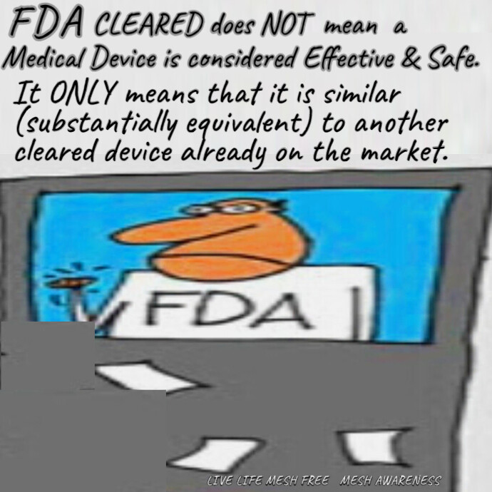 JanUrban12's tweet photo. Vaginal Mesh gained clearance because its material used was related to the old Hernia Mesh material. They were both knitted plastic. That was good enough and allowed the pelvic mesh to be cleared because the material was substantially equivalent to Hernia Mesh material #FDAFail https://t.co/E5g2WsdEGL