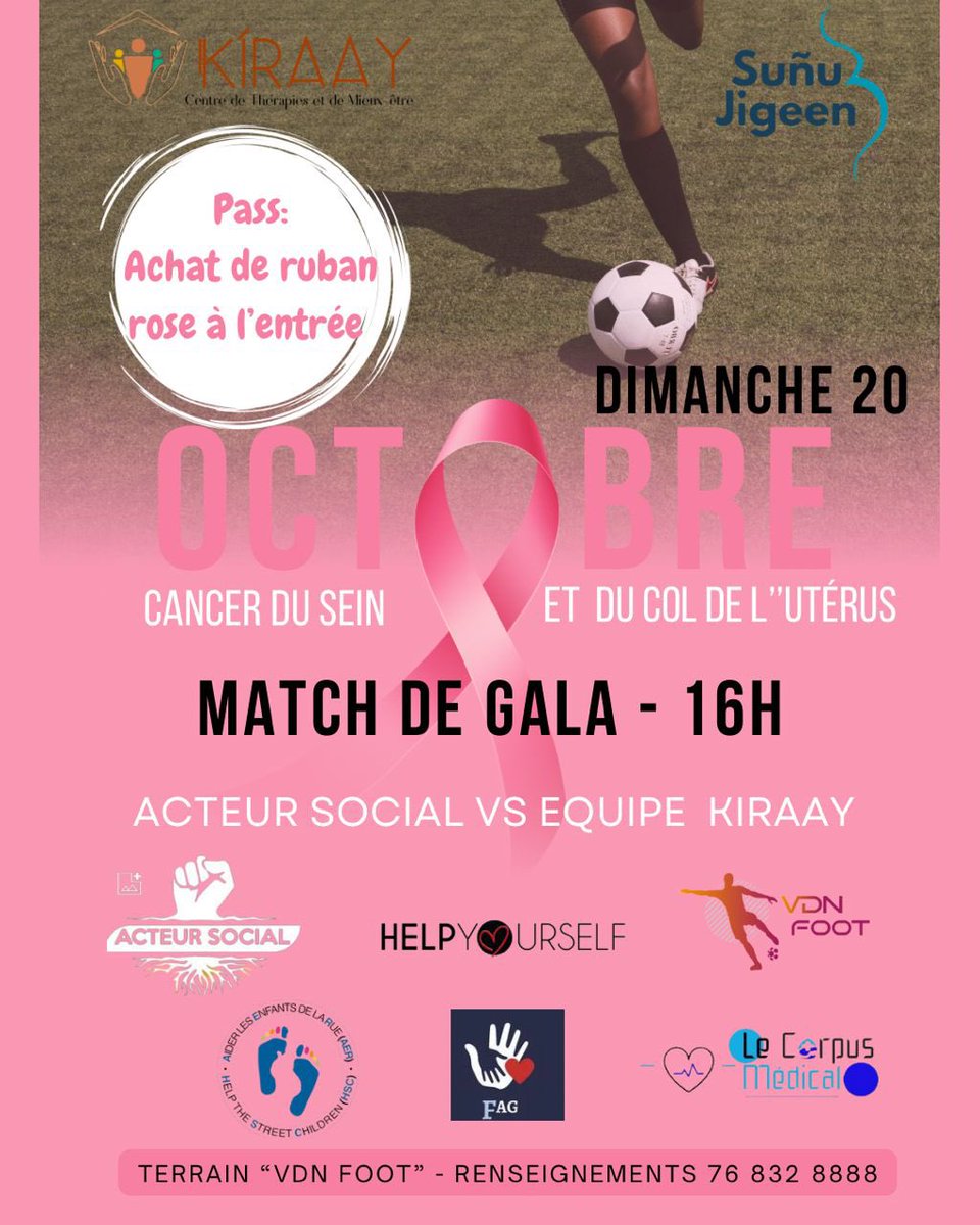 Ce dimanche 20 octobre à 16h, RDV au terrain VDN Foot pour un match de gala unique ! Les acteurs du cinéma se mobilisent pour soutenir Kiiraay et Sunu Jigeen dans leur action de dépistage et sensibilisation.

🩷 Chaque but marqué et chaque sourire est un pas vers le bien-être des