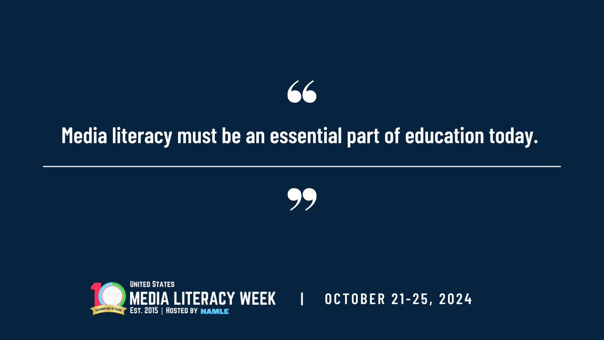 To help students build media literacy skills, educators can participate as a Media Literacy educator in the upcoming Media Literacy Week to share lesson plans with fellow educators and build community. 

More ways to participate: mlw.namle.org/get-involved/p…

#MediaLiteracyWeek
