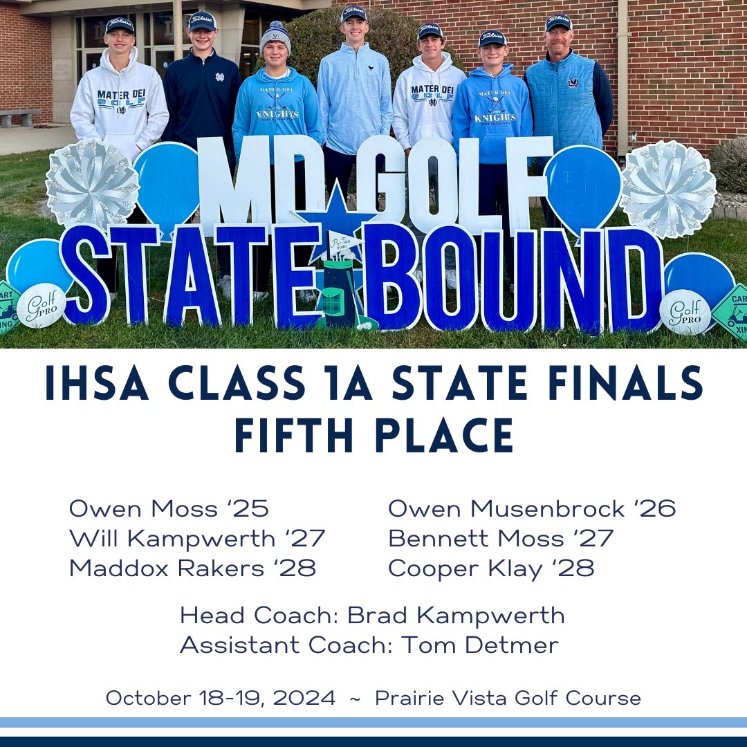 Join us in congratulating our Golf Knights, head coach Brad Kampwerth, and assistant coach Tom Detmer, on their fifth place finish at the IHSA Class 1A State Final Tournament!  

Owen Moss led Mater Dei with a 13th place finish for the second-consecutive year!

#WeAreMD proud!