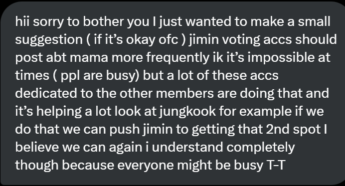 FJimindata's tweet photo. I got this DM and this is everything I want to say as well: PJMS please post about MAMA voting on TL and spam every Jimin accounts and posts about it. Our big accounts and fbs are not paying enough attention to this one of 4 MAMA Grand Prizes. https://t.co/Uowbtbh5z1