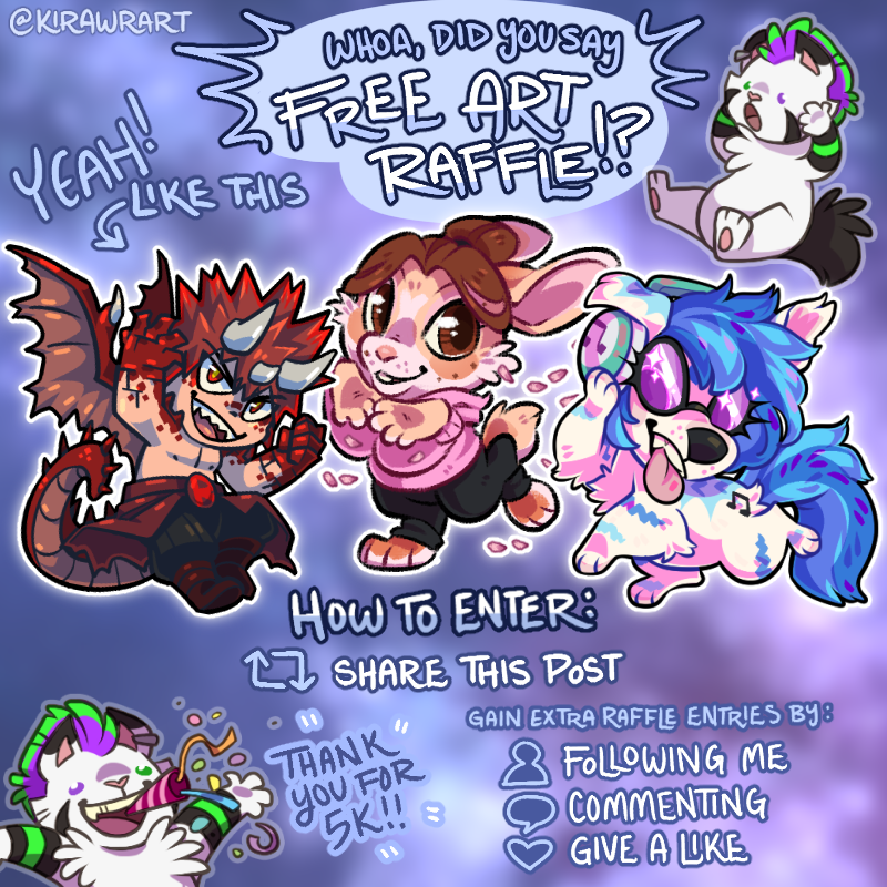 Thank you for 5K! 🎉 How about a free art raffle?
🔃 Share this post to enter; Follow, Comment, and Like for extra entries. 
Multiple winners!
Ends Nov 1st.