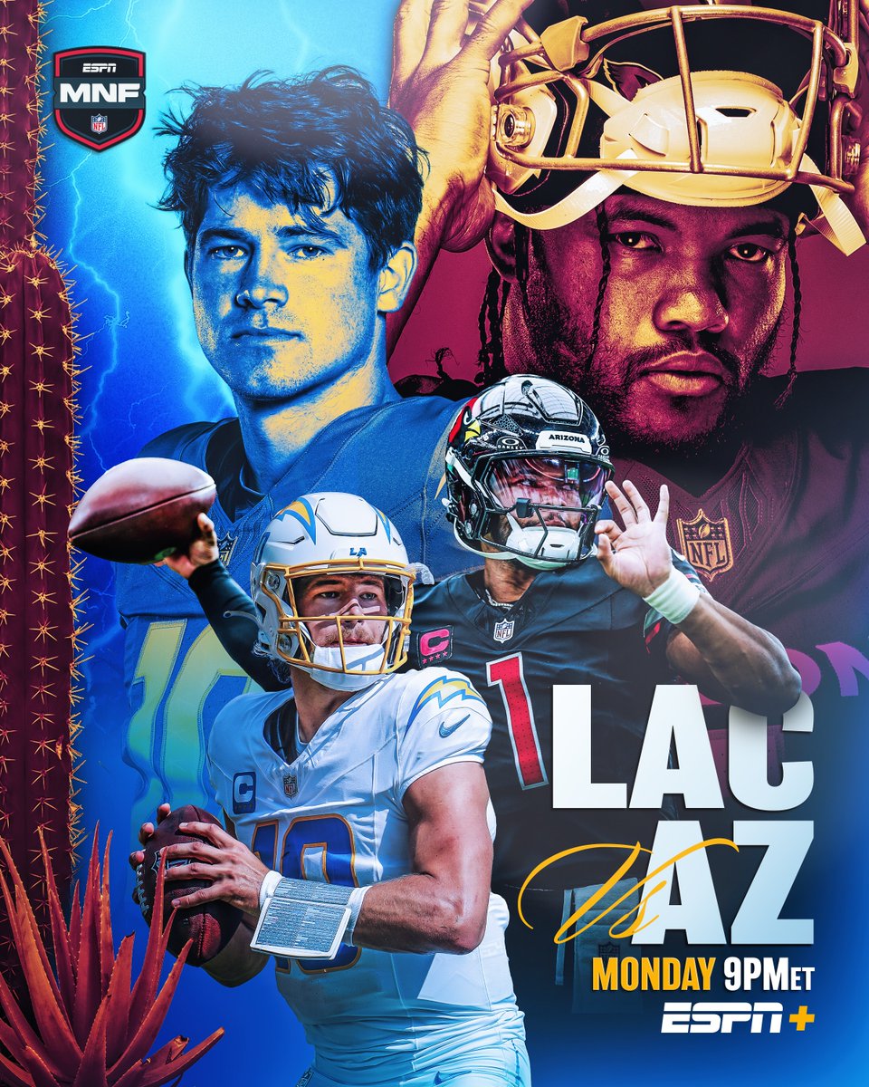 NFL's tweet photo. Cardinals-Chargers ESPN+ showdown in the desert 🏜️

📺: #LACvsAZ – Monday 9pm ET on ESPN+ https://t.co/Nj5aEcaCe9