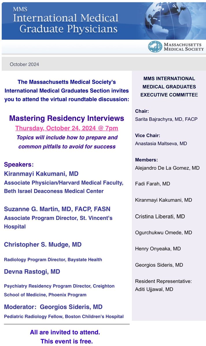 drkakumani's tweet photo. Grateful to the MMS IMG Committee for the chance to join this panel on residency interview strategies, Oct 24!
Attendings, fellows, residents &amp; students—come share your experiences and help future residents!
Registration link:
https://t.co/IioyWtR3Ck https://t.co/6PgcVZGR6P