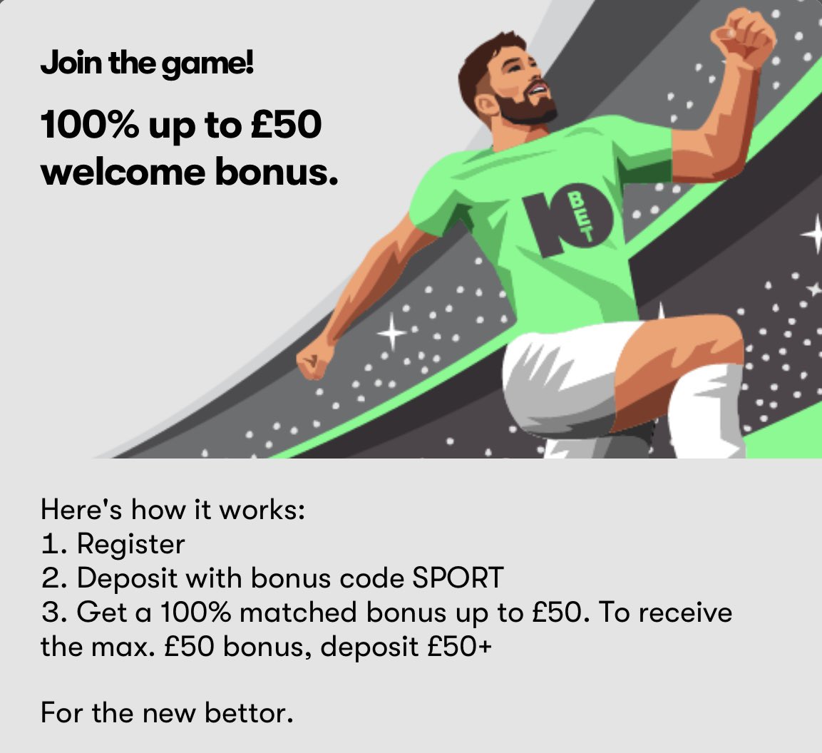 TheBetMaster01's tweet photo. Sign up with 10Bet, and they’ll DOUBLE your first deposit!

Enjoy 100% Acca Boosts and Early Payouts – ideal for acca lovers 👀

Join today, deposit up to £50, and get your first deposit matched as a welcome bonus!

HERE ➡️ https://t.co/OvbDGxWEl0

18+ https://t.co/uoT6wUbnC3 https://t.co/5Ze3I2hNXo