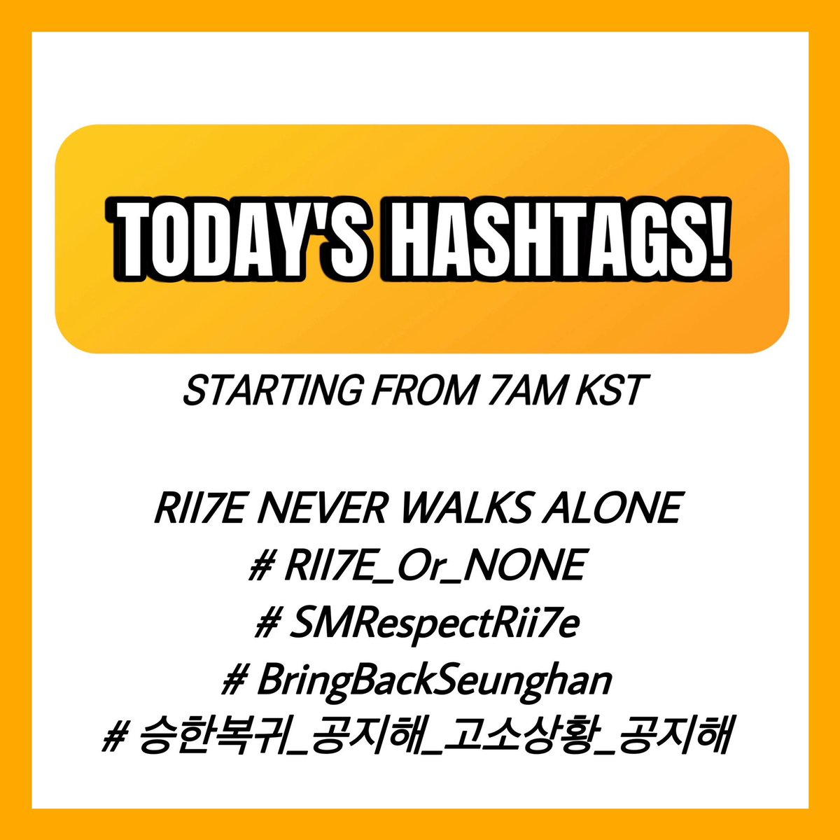 RiizeBrasill's tweet photo. 🔔‼️TAGS DE HOJE ‼️🔔

Use as seguintes tags hoje! Por favor, responda, compartilhe e republique. Vamos torná-los tendência! 🧡 

RII7E NEVER WALKS ALONE
#RII7E_Or_None
#SMRespectRii7e
#BringBackSeunghan
#승한복귀_공지해_고소상황_공지해

🎯 3K

- 5 Animais
- 5 Cores
- 5 Países

Próximo anúncio de tags amanhã às 19H