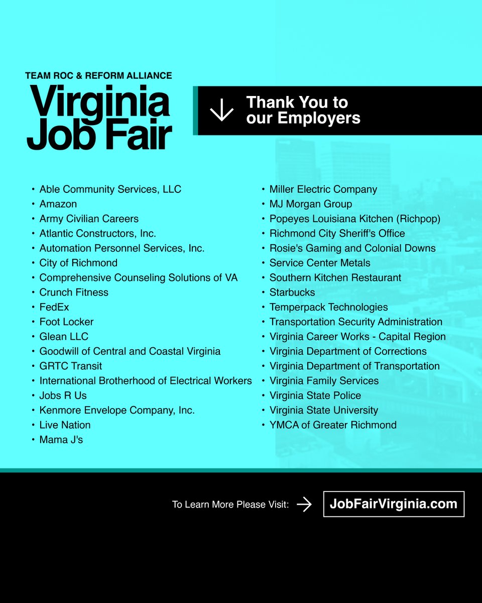 teamroc's tweet photo. Thank you to everyone who made Team Roc and Reform Alliance Virginia Job Fair an unforgettable and impactful experience! 

#VAJobFair #TeamRoc #ReformAlliance #RocNation https://t.co/F6eVR609tX