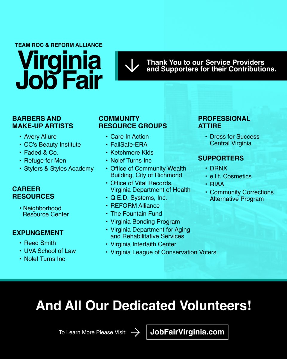 teamroc's tweet photo. Thank you to everyone who made Team Roc and Reform Alliance Virginia Job Fair an unforgettable and impactful experience! 

#VAJobFair #TeamRoc #ReformAlliance #RocNation https://t.co/F6eVR609tX