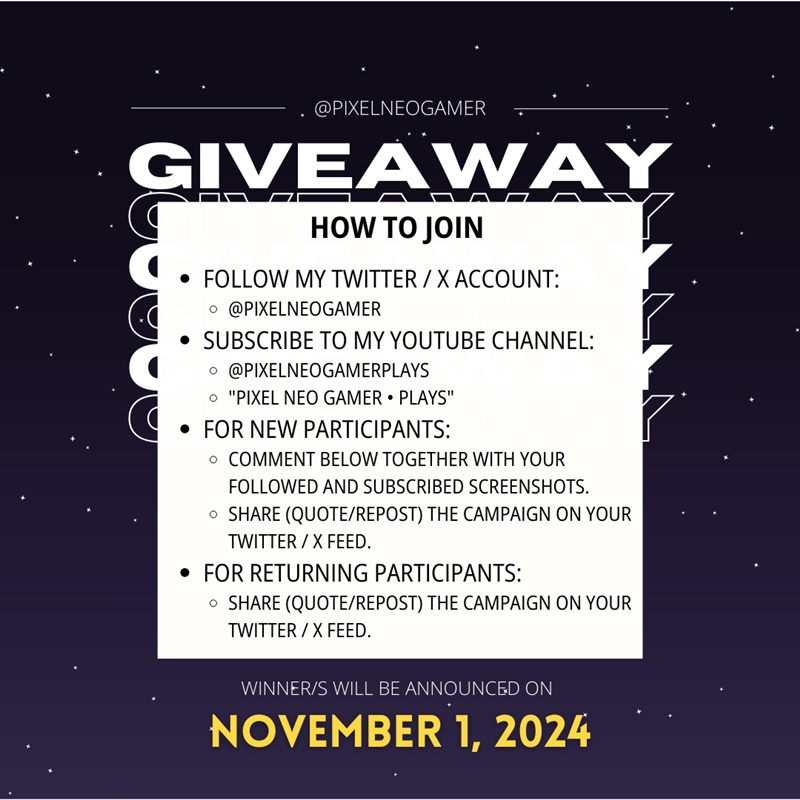 pixelneogamer's tweet photo. 🎉 GIVEAWAY TIME! 🎉

HSR LOTTERY EVENT 2:
Up to 4 Honkai: Star Rail Express Supply Passes to four different followers/subscribers this coming November 1, 2024!

Please view the images for the updated mechanics and guidelines. 
-
#HonkaiStarRail
#HSR
#ExpressSupplyPass
#Gacha https://t.co/e5N6hTFyIY