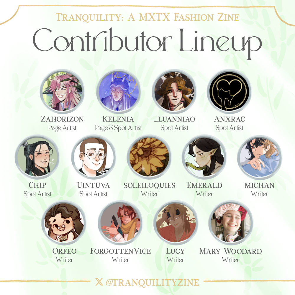 tranquilityzine's tweet photo. 🌸Tranquility Contributor Lineup🌸

Presenting our show-stopping lineup of designers and press alike! Please give a warm welcome to the incredible creators here to stun you all with their style!

#mxtx #mdzs #TGCF #svsss https://t.co/K1FfP91HNS