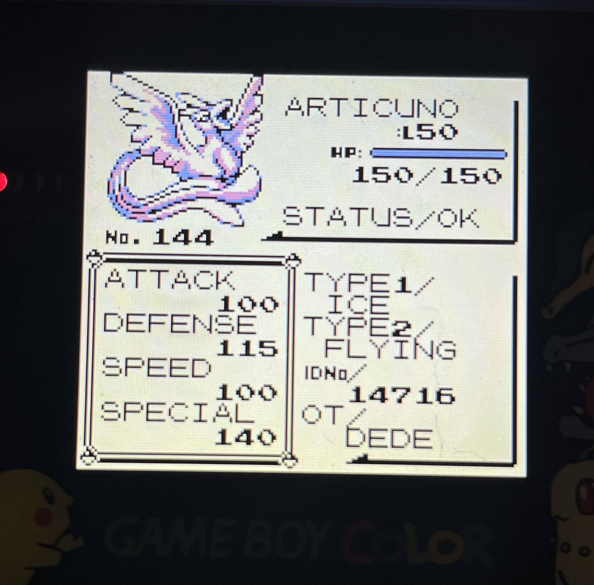 xseacreature's tweet photo. Gen 1 Shiny Articuno on real hardware!!!! Only 2204 Resets!!! https://t.co/KiUUrRQl2Y