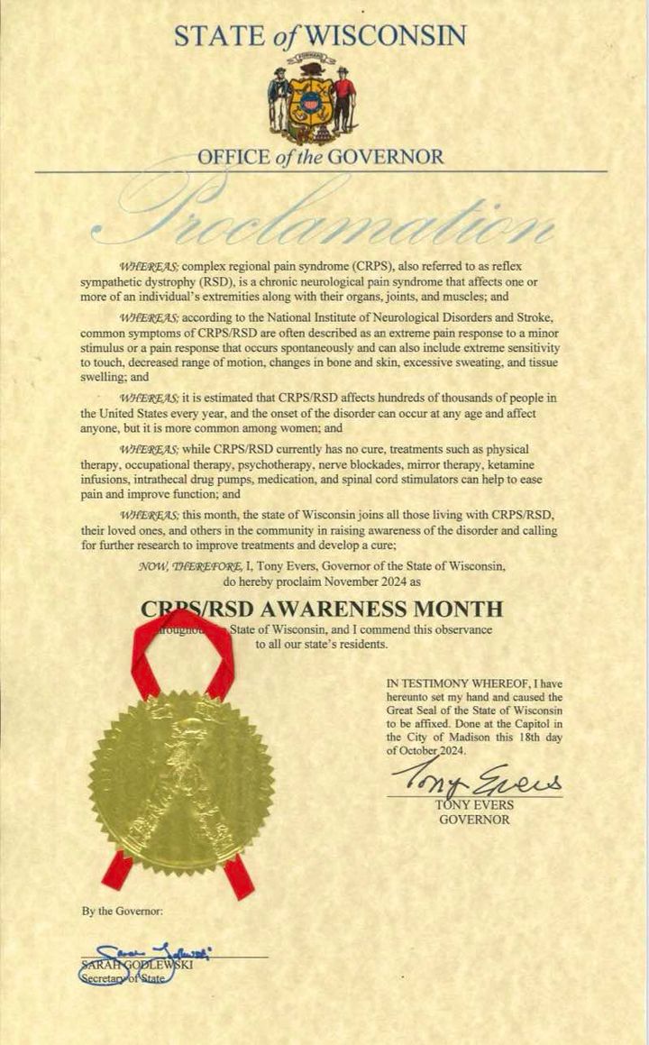 CRPSOrangeDay's tweet photo. Thank you @GovEvers for granting a proclamation naming November 2024 CRPS/RSD Awareness Month!
https://t.co/iuvlKIGGf9
#CRPSORANGEDAY https://t.co/lUVLpD778g