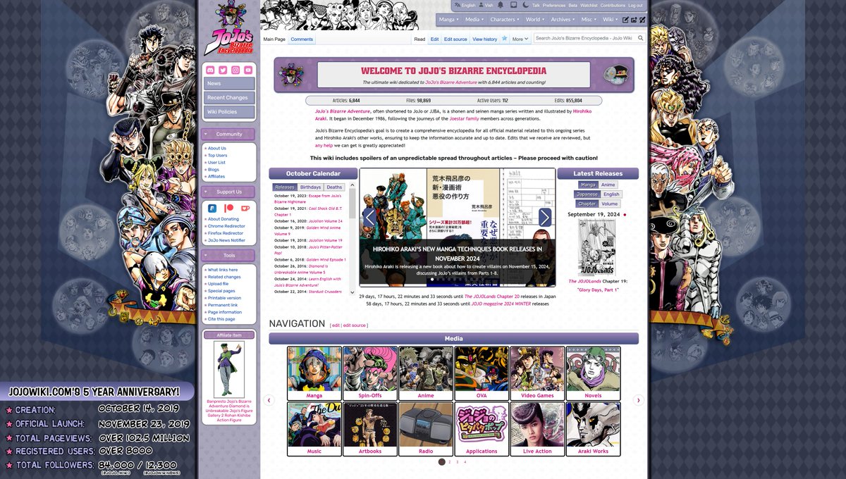 Our JoJo Wiki / JoJo's Bizarre Encyclopedia turned 5 years old a few days ago, on October 14, 2024.

Thank you for all your support! 💪 #jojowiki