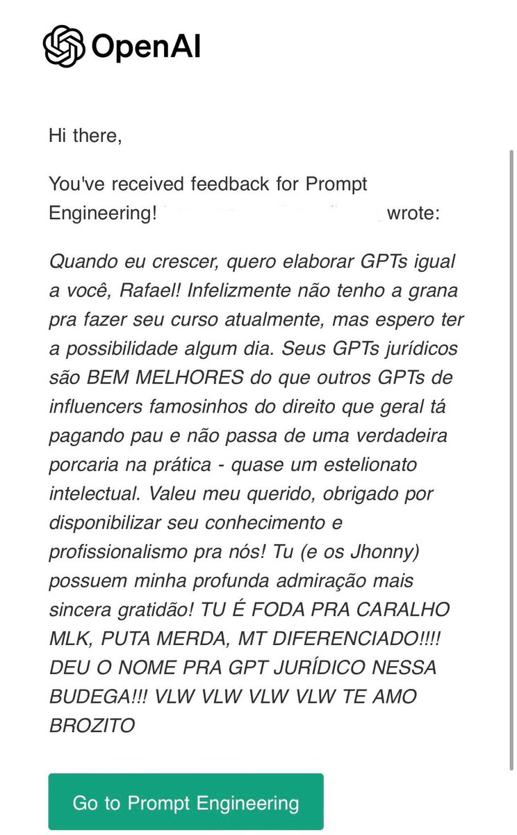 rafaelobitten's tweet photo. Neste sábado chuvoso em Brasília, abri mão do meu descanso e estou trabalhando focado na criação de novos #Assistentes de #IA, que serão disponibilizados gratuitamente no #ChatGPT , e acabei de ler este feedback que aqueceu meu coração.
Isso me motiva ainda mais a continuar e tenho certeza de que iremos conquistar mais espaço e crescer juntos nesta comunidade!