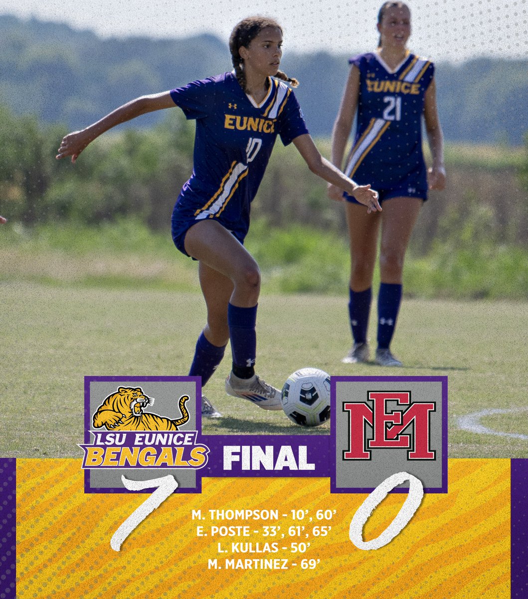 LSUE scores a touchdown on College Futbol Saturday, blanking East Mississippi 7-0.  The Bengals get big performances from Madeleine Thompson (2 goals) and Emily Poste (3 goals, 1 assist) to pace the LSUE attack.

#GeauxBengals
#EarnYourStripes