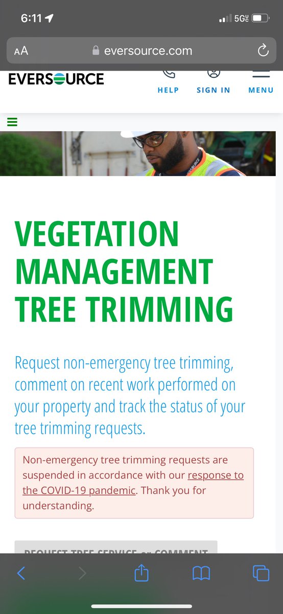 John_Bklyn's tweet photo. Seriously @EversourceCT ? This is the message when looking to request trimming request? How can I put in a request before a tree branch knocks out power to the whole block? https://t.co/FpCqJoOGXo