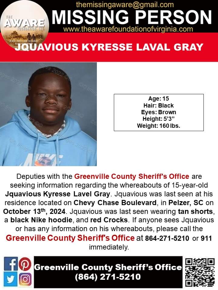 aware_the's tweet photo. ***MISSING JUVENILE*** PELZER, SC
Deputies with the Greenville County Sheriff's Office are seeking information regarding the whereabouts of 15-year-old Jquavious Kyresse Lavel Gray. Jquavious was last seen at his residence located on Chevy Chase Boulevard, in Pelzer, SC on October 13th, 2024. Jquavious was last seen wearing tan shorts, a black Nike hoodie, and red Crocks. If anyone sees Jquavious or has any information on his whereabouts, please call the Greenville County Sheriff's Office at 864-271-5210 or 911 immediately. 
#JquaviousKyresseLavelGray #MissingInSouthCarolina #pelzersc #MissingJuvenile #TheAWAREFoundationNational Center for Missing & Exploited Children