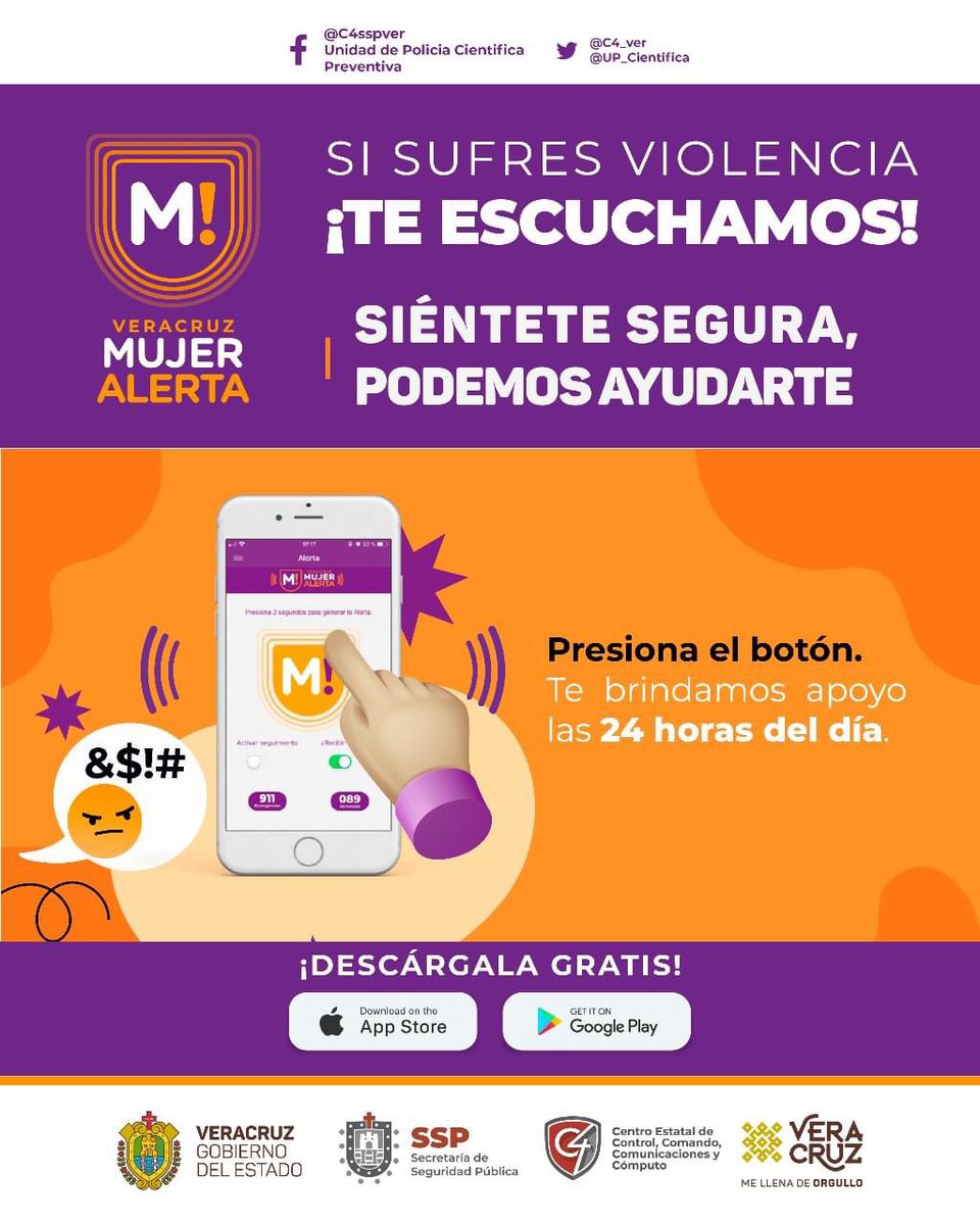 SP_Veracruz's tweet photo. ¡Si te encuentras en una situación de peligro, presiona el botón de #MujerAlerta! Esta es una aplicación gratuita, para generar una alerta en caso de emergencia por violencia de género.
⬇️ Descárgala en:
iOS | https://t.co/9FKlO3K8j7
Android | https://t.co/esZza4CMiW https://t.co/nXiuAICzPB