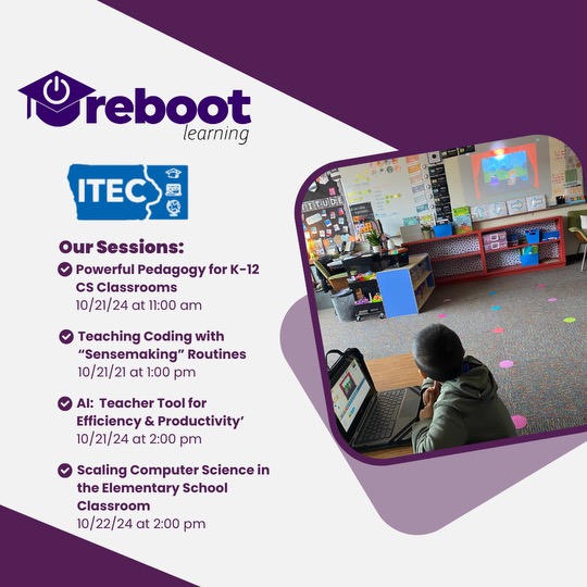 Corey and Emily are excited to see everyone at #itecia Fall Conference in Des Moines this week! 💻Come share in our learning and get to know Reboot Learning! #CS4IA #CSforIA #iaedchat <a href="/IowaCSTA/">CSTA Iowa</a> #reboot
