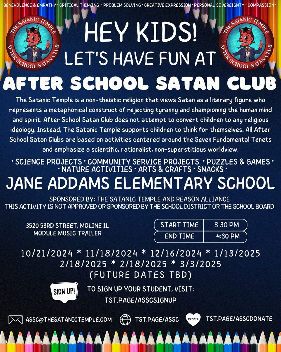 satanic_temple_'s tweet photo. We're pleased to announce the After School Satan Club is returning to Moline, IL, for our 4th year!

Despite last year’s hurdles, we’re excited to return to campus this year. Local parents, sign up your students here: https://t.co/CXHwjm6HB9

Learn more: https://t.co/g0fA50124D https://t.co/U88AlhWqGD