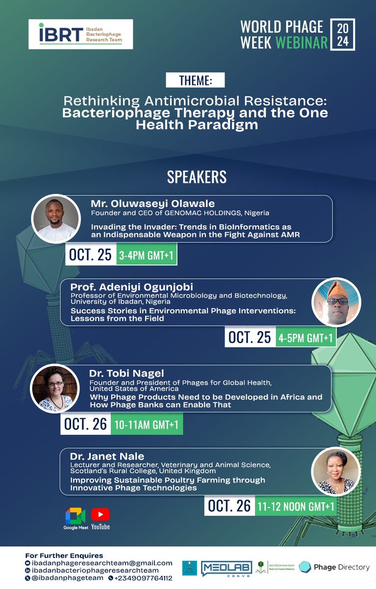 Phage Directory (@phagedirectory) on Twitter photo 🌍🦠 Next week is World Phage Week 2024! 🗓️ Join October 25-26 for a webinar series by the Ibadan Bacteriophage Research Team! <a href="/IbadanPhageTeam/">Ibadan Phage Research Team</a>
Theme: Rethinking Antimicrobial Resistance: Bacteriophage Therapy and the One Health Paradigm 🌍🦠 Next week is World Phage Week 2024! 🗓️ Join October 25-26 for a webinar series by the Ibadan Bacteriophage Research Team! <a href="/IbadanPhageTeam/">Ibadan Phage Research Team</a>
Theme: Rethinking Antimicrobial Resistance: Bacteriophage Therapy and the One Health Paradigm