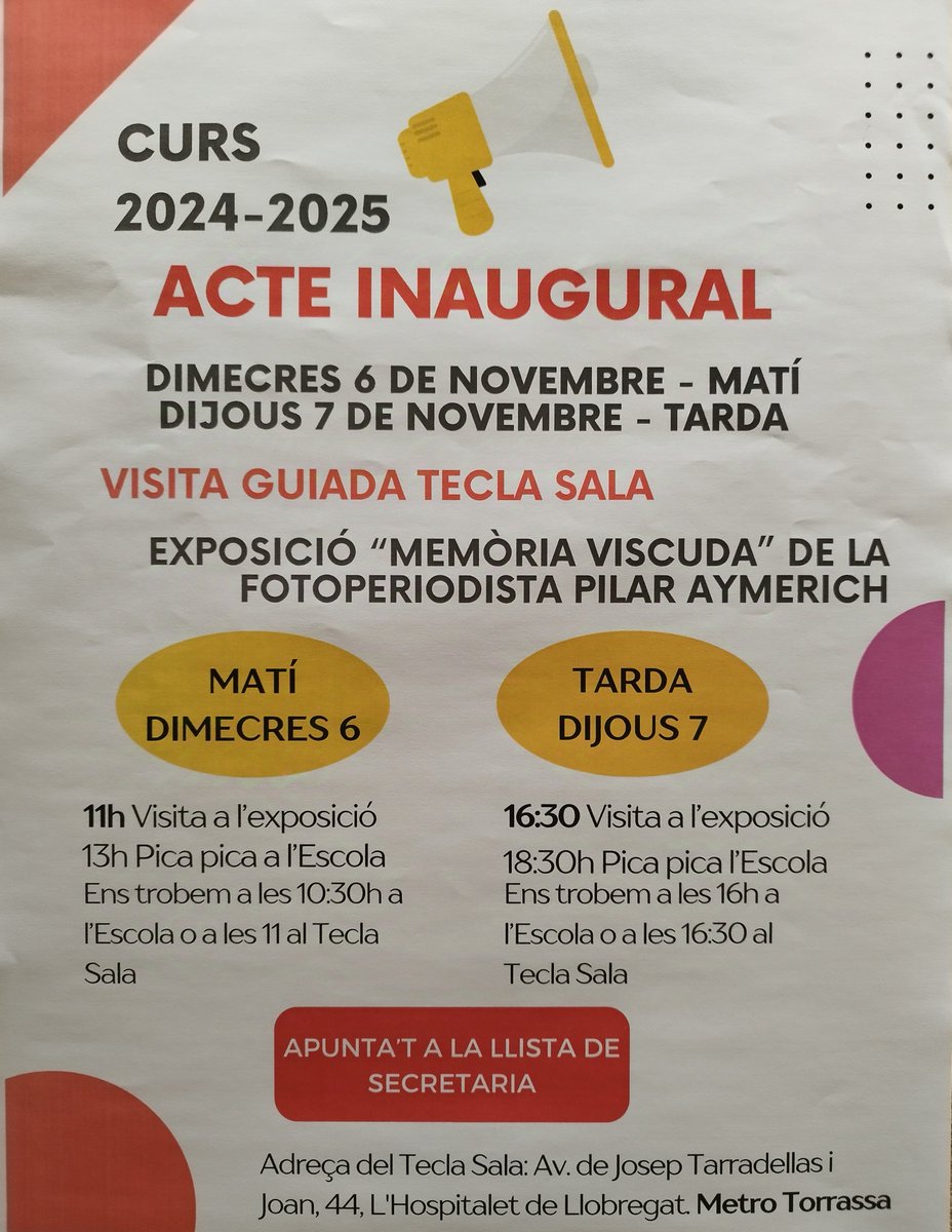 Ens n'anem d'excursió a Tecla Sala a L'Hospitalet! 📸 Descobrirem l'exposició "Memòria viscuda" de la fotoperiodista Pilar Aymerich. I després, pica-pica! 🍴 #PilarAymerich #MemòriaViscuda #TeclaSala