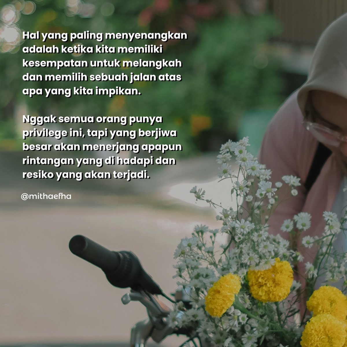 mithaefha's tweet photo. Jangan biarkan orang lain memberhentikan langkah kamu. Hanya kamu yang tau isi hatimu sendiri 🤍 https://t.co/sxeXhSey8i