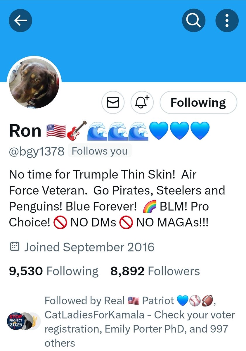 Ron <a href="/bgy1378/">Ron 🇺🇸🎸🌊🌊🌊💙💙💙</a> is nearing 9k followers. If you aren't already following him, consider doing so 🙏. Also, like &amp; retweet as it helps increase visibility of the tweet.
#StrongTogether
#WeAreNotGoingBack 
#VoteKamalaHarris2024 #VoteBlueDownBallotInNov24