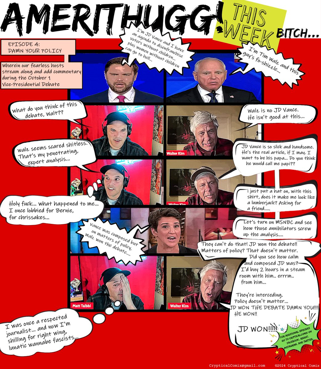crypticalcomix's tweet photo. Episode 4 of AMERITHUGG THIS WEEK.This episode has Matt and Walt live-streaming the veep debate. Cutting analysis, as always. Walt really channels JD Vance. Seems unfair to Tim Walz. US Election coming down to the wire. @LeeSmithDC https://t.co/j2QG1KhPGO