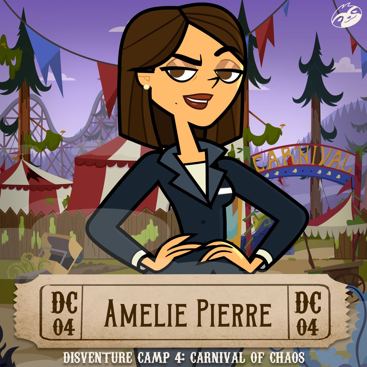 Jared_Madrigal_'s tweet photo. #DisventureCamp Meet Amelie Pierre, a 36-year-old French-American businesswoman. Ambitious and extroverted, she’s all about success and isn’t afraid to bend the rules to get there. With a love for money and makeup Amelie is sharp, driven, and always ready to take charge. Watch her make waves in #DisventureCamp4: Carnival of Chaos!