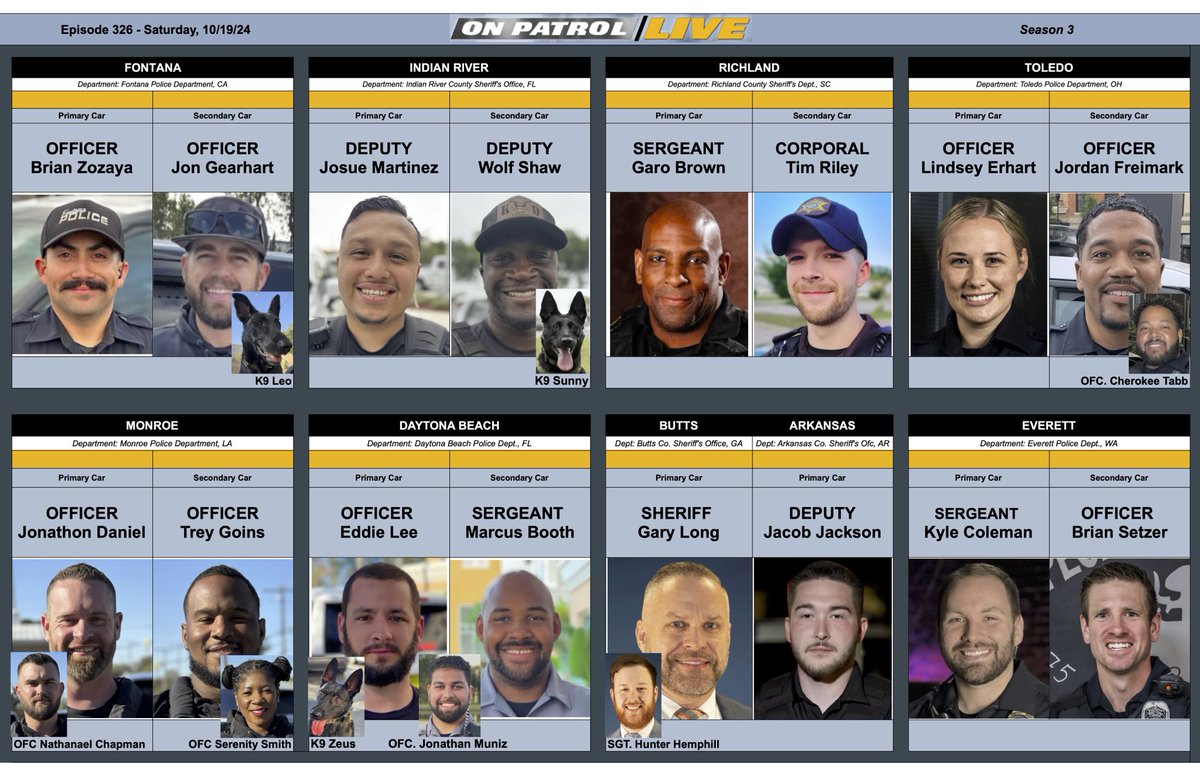 Welcome to Saturday #OPNation. Tune in at 8e|5p for #OnPatrolFirstShift, followed by #OnPatrolLive at 9e|6p! Here is your lineup for the evening!