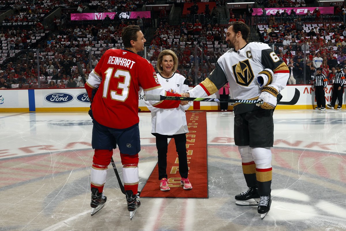 x - Florida Panthers (@flapanthers) on Twitter photo We were honored to have founder of <a href="/ThePromiseFund/">Promise Fund</a> Nancy Brinker join Sam Reinhart and Vegas captain Mark Stone for a ceremonial puck drop on our Pink in the Rink Night 💗 We were honored to have founder of <a href="/ThePromiseFund/">Promise Fund</a> Nancy Brinker join Sam Reinhart and Vegas captain Mark Stone for a ceremonial puck drop on our Pink in the Rink Night 💗