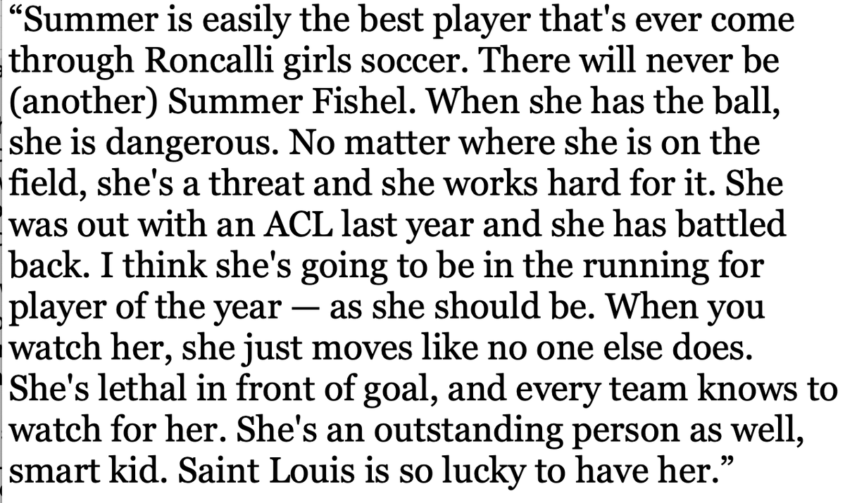 Here's <a href="/RoncalliGrlsSoc/">Roncalli HS Girls Soccer</a> coach Lacey Hershman on senior <a href="/SLUWSoccer/">Saint Louis Women's Soccer</a> commit Summer Fishel. <a href="/SummerFishel26/">Summer Fishel</a> finishes the season with 36 goals, graduates with 70(!!!) for her career (missed junior season due to injury).