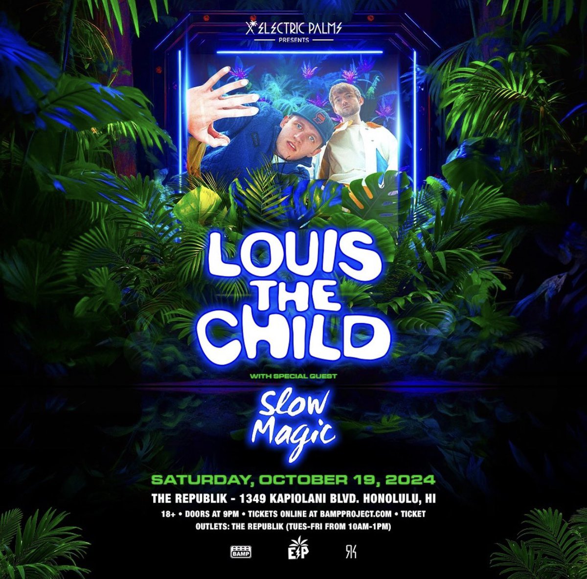 Happy Saturday! Don’t miss <a href="/LouisTheChild/">Louis The Child</a> live at @jointherepublik tonight, featuring special guest @SlowMagic! Doors open at 9 PM—grab your tickets now at BAMPProject.com! #Chee ⚡️🌴