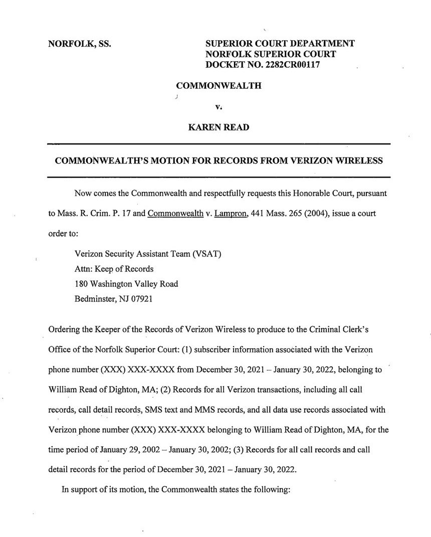 Great news for the Karen Read defense team with the new filing from the Commonwealth seeking Mr. Read’s Verizon call, data, SMS text &amp; MMS records for December 30, 2021 — January 30, 2022. This request lays perfect groundwork for obtaining the very same records for Colin Albert &amp;