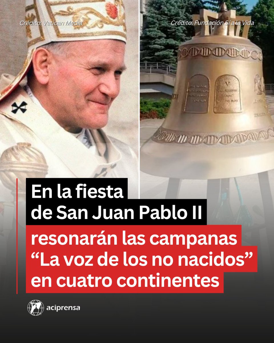¡Súmate rezando la oración por la vida y los no nacidos! 🙏❤

El 22 de octubre,fiesta de San Juan Pablo II, las 4 campanas "La voz de los no nacidos" resonarán en 4 continentes para pedir por la vida y la paz del mundo.

La iniciativa nació en Polonia, tierra de San Juan Pablo
