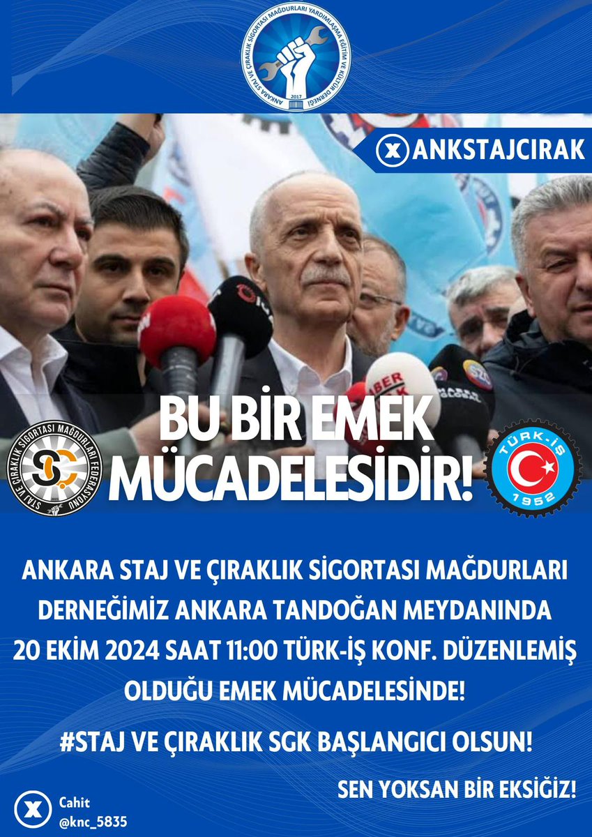 Bu ülkenin öz evlatları mağdur
Görmeyenler gözler 
Duymayan kulaklar duysun artık 
Hak için 
Hukuk için 
Adalet için ✊ ✊ ✊ 
<a href="/turkiskonf/">TÜRK-İŞ</a>

Ergün Atalayla
#ÇırakStajyerAnkaradaMitingde