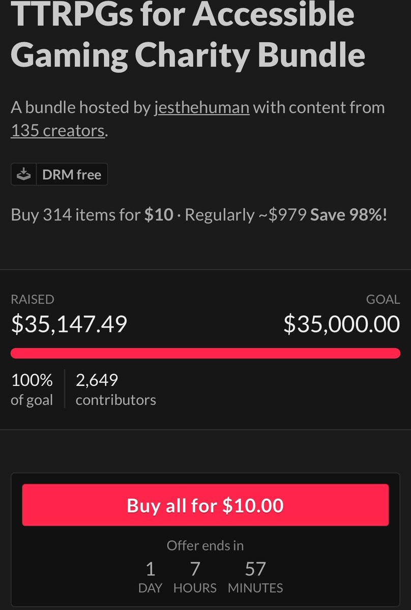 Jes the Human (@jesthehuman) on Twitter photo WE DID IT!! $35,000+ raised for <a href="/DOTSrpg/">DOTS RPG Project</a> to support their Signature Braille RPG Dice with <a href="/dieharddice/">Die Hard Dice</a> 🖤
There’s still one day left of the bundle
itch.io/b/2623/ttrpgs-… WE DID IT!! $35,000+ raised for <a href="/DOTSrpg/">DOTS RPG Project</a> to support their Signature Braille RPG Dice with <a href="/dieharddice/">Die Hard Dice</a> 🖤
There’s still one day left of the bundle
itch.io/b/2623/ttrpgs-…